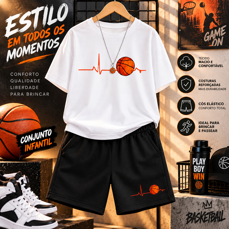 Conjunto Camiseta Algodão Bermuda Infantil Estampa Basquete