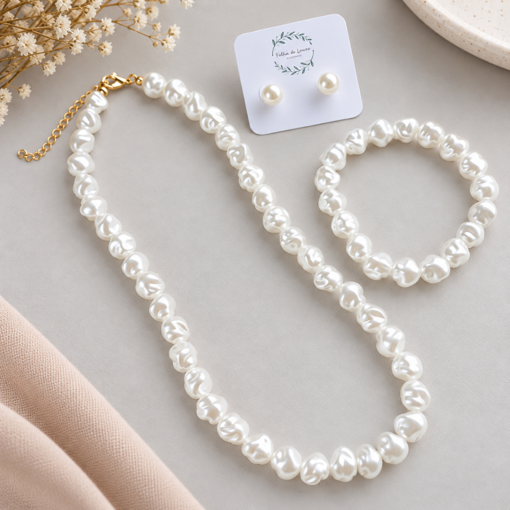 Conjunto Colar e Brinco Feminino e Pulseira Artesanal Bijuterias Femininas