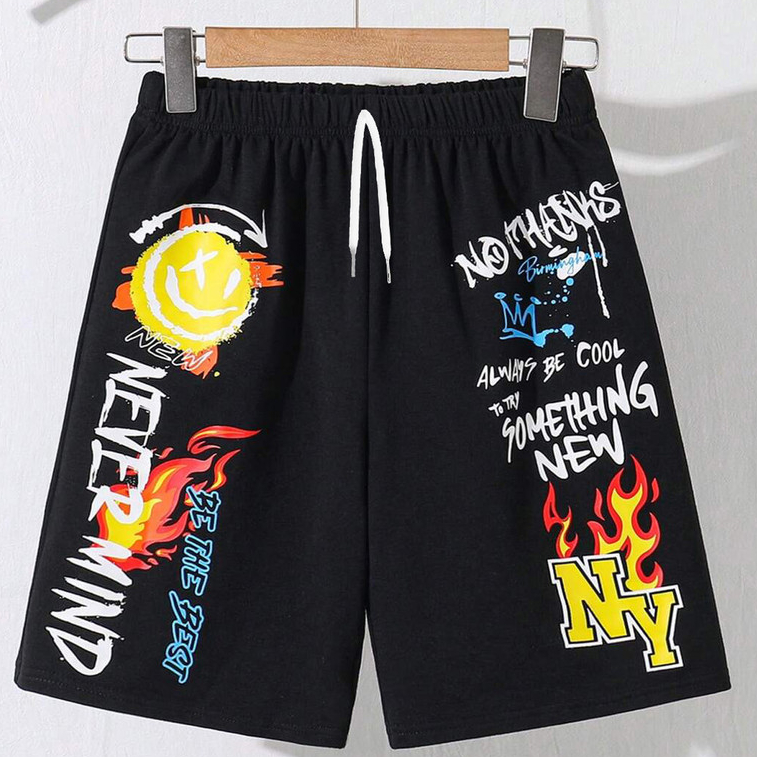 Shorts Infantil Juvenil Estampado Preto Cinza New Never Mind Calção Confortável