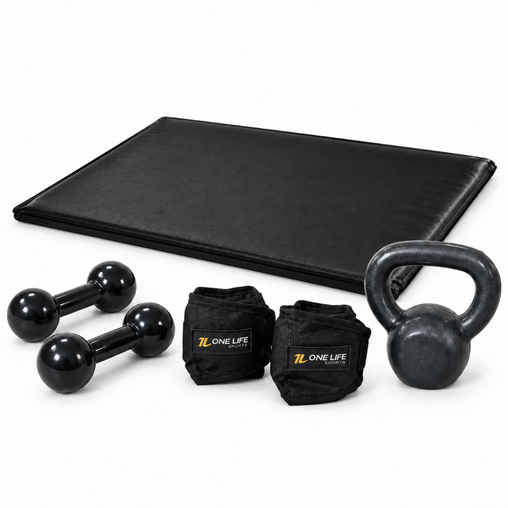 Kit Aeróbico em Casa Caneleira 2kg Halter 1kg Kettlebell 4kg Colchonete Treino Funcional Fitness
