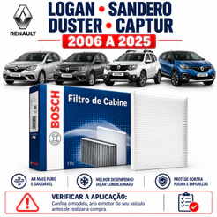 Filtro Ar condicionado Logan Sandero Duster Captur + Higienizador 2006 a 2025 Cabine