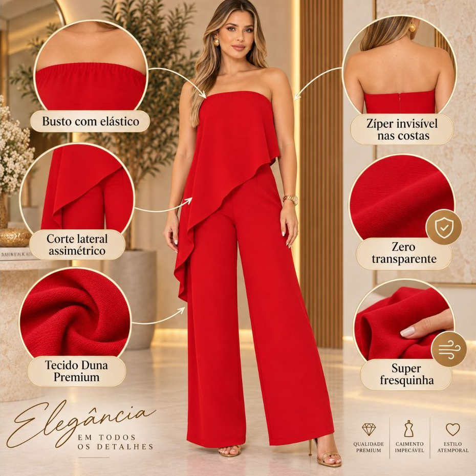 Macacão Feminino Tomara que Caia Pantalona Duna Premium Corte Lateral Assimétrico M G GG — imagem 2 de 2