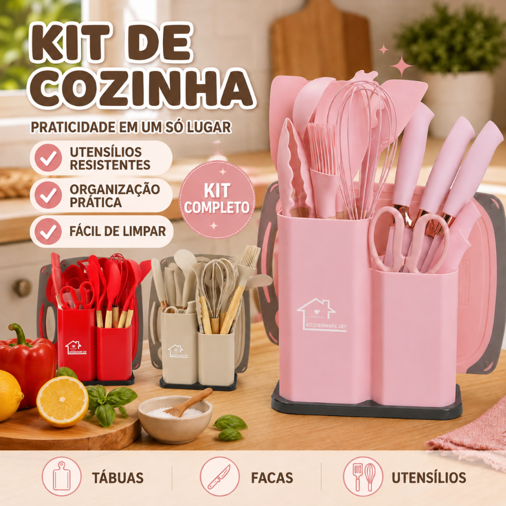 Kit de Cozinha 19 Peças com Utensílios de Silicone, Facas, Tábuas e Suporte Organizador Completo