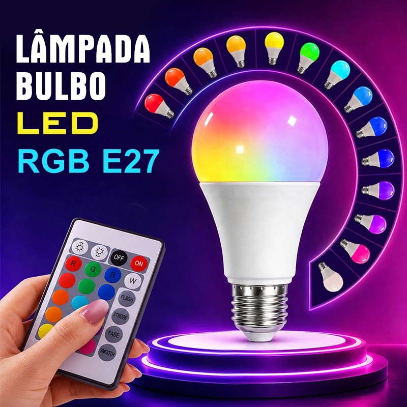 Lâmpada LED Bulbo RGB E27 Iluminação Colorida com Controle Remoto e Economia de Energia