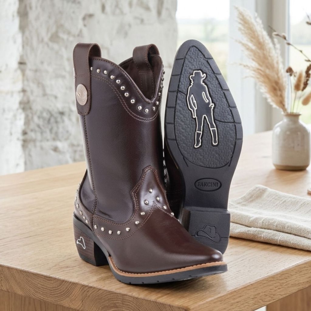 Bota Texana Feminina Country Couro Legitimo Bico Fino Cano Médio Zíper Lateral Sola Blaqueada Lançamento
