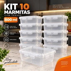 Kit Com 10 potes 800ml Tampa Com Trava Marmita Fitness Lavavel Freezer Microondas Durável BPAFree