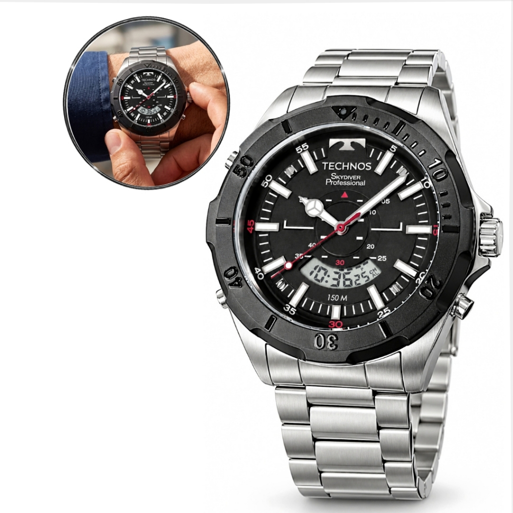 Relógio Technos Masculino Skydiver Anadigi Prova Dágua 150m Aço Inox Prata Preto Esportivo Cronógrafo Original