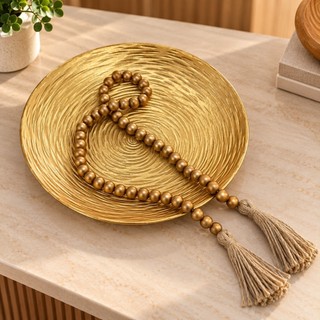Bandeja Decorativa Madeira Dourada com Textura Prato Elegância para Mesa e Decoração Bandeja Doces