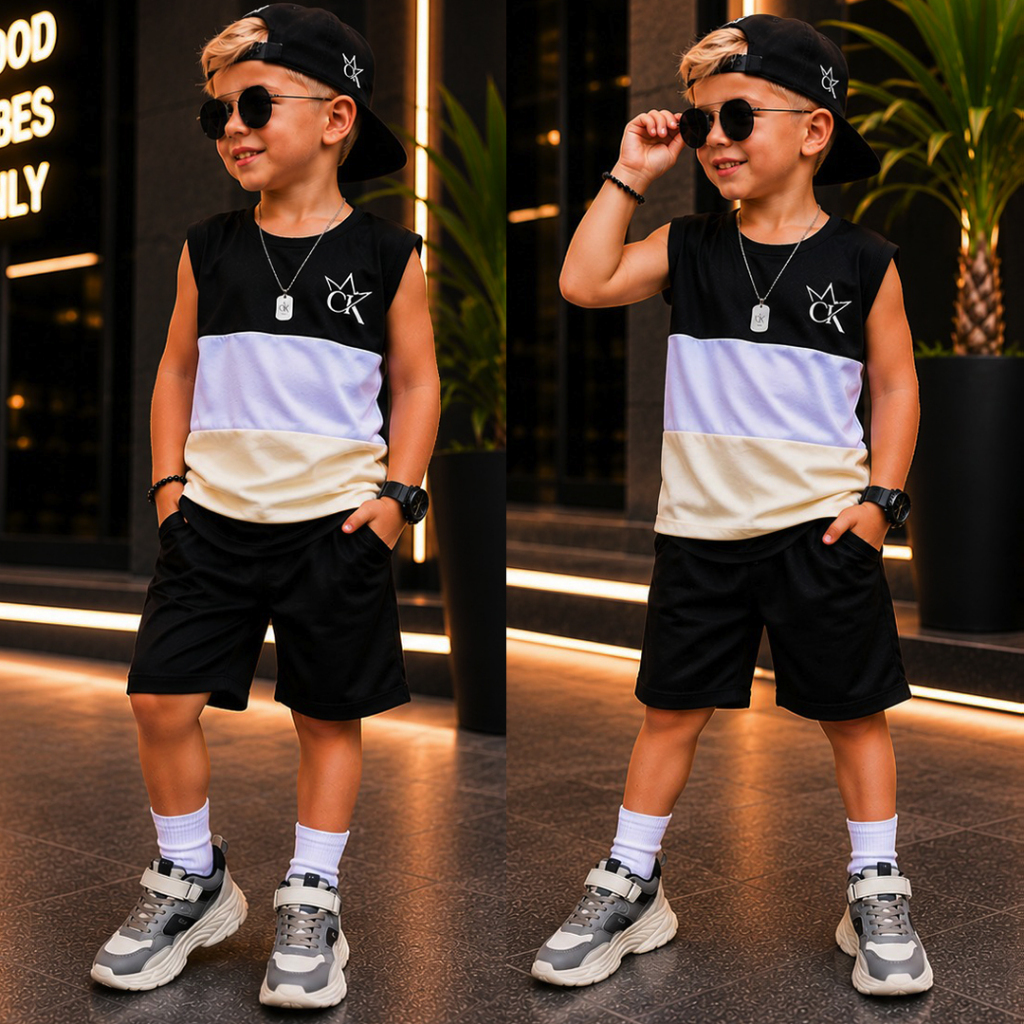 Conjunto Infantil Menino Juvenil Verão Estiloso Bermuda e Camiseta Veste Do 2 até 12 anos