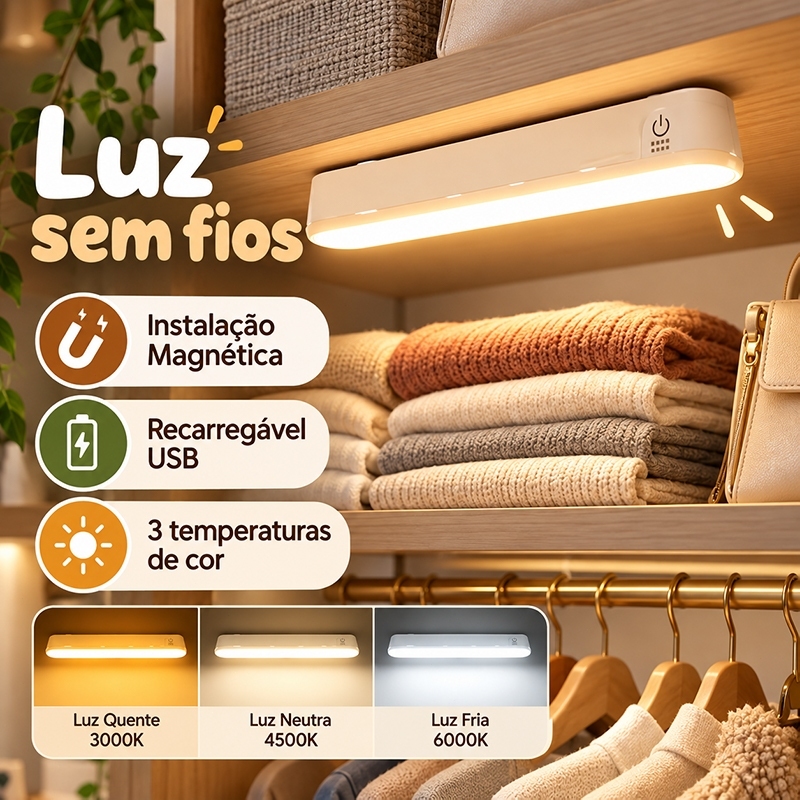 Luminária LED com Fixação Magnética 3 Cores Recarregável USB para Armário Quarto Cozinha