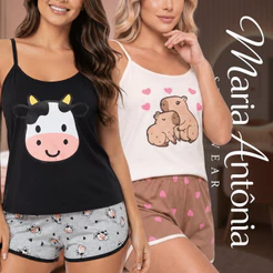 Kit 1 ou 2 Pijama Baby Doll Feminino Alcinha Verão Capivara Vaquinha Gatinho Malha Leve Confortável
