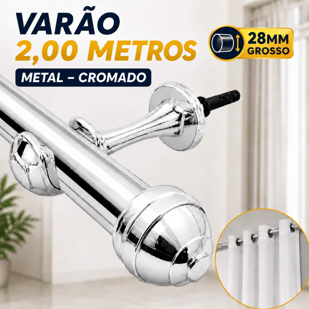 Varão De Cortina 2,00 Metro 28mm (Grosso) Cromado de Emenda Para casa/quarto/sala/cozinha