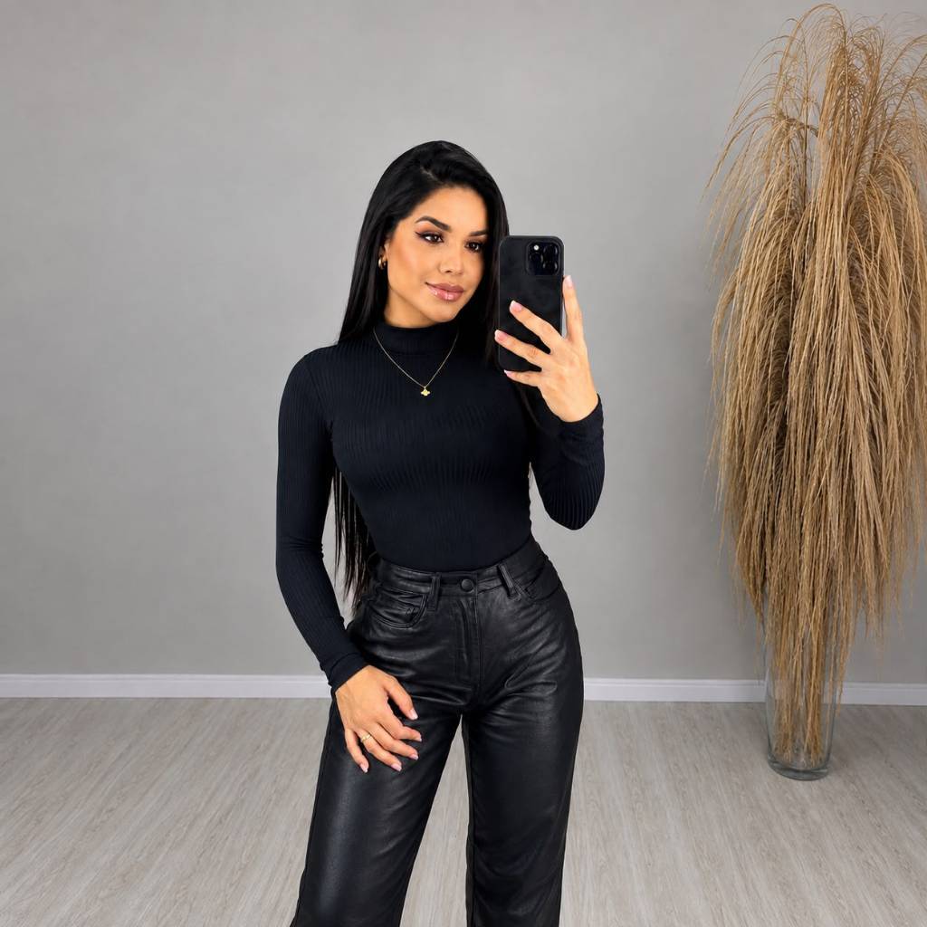 Blusa Feminina Canelada Gola Alta Manga Longa Básica Segunda Pele Inverno Outono Moda Feminina