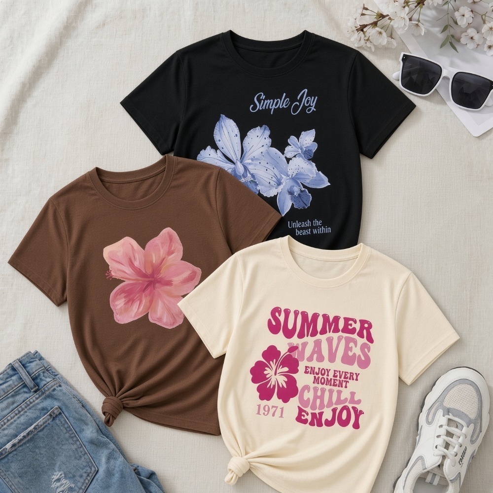 Kit 3 Camisetas Femininas Estampadas | Simple Joy + Flor Rosa + Summer Waves | Blusa Floral