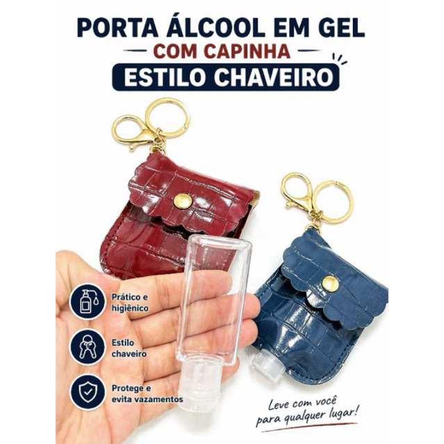 Porta Álcool Gel Chaveiro Luxo Croco com Capinha Protetora + Frasco Reutilizável 30ml