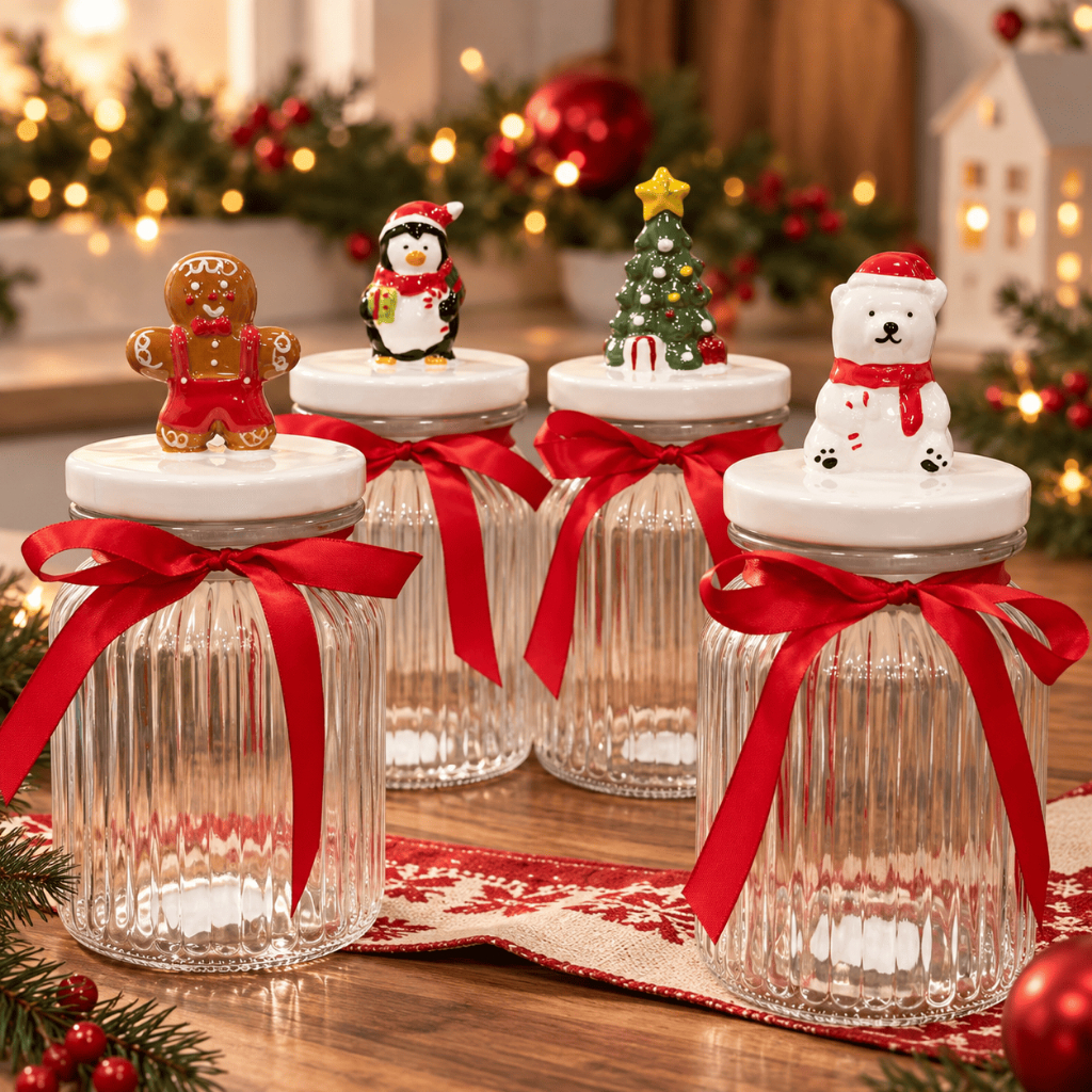 Potes de Vidro Natalinos 950mL Porta Biscoitos Doces Bomboniere Decoração de Natal com Tampa Decorada