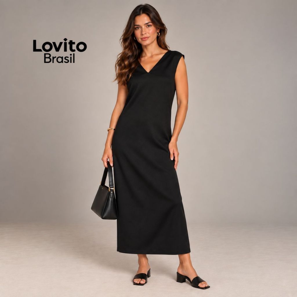 Lovito Vestido Feminino Elegante Midi Decote V DRB604BRL634