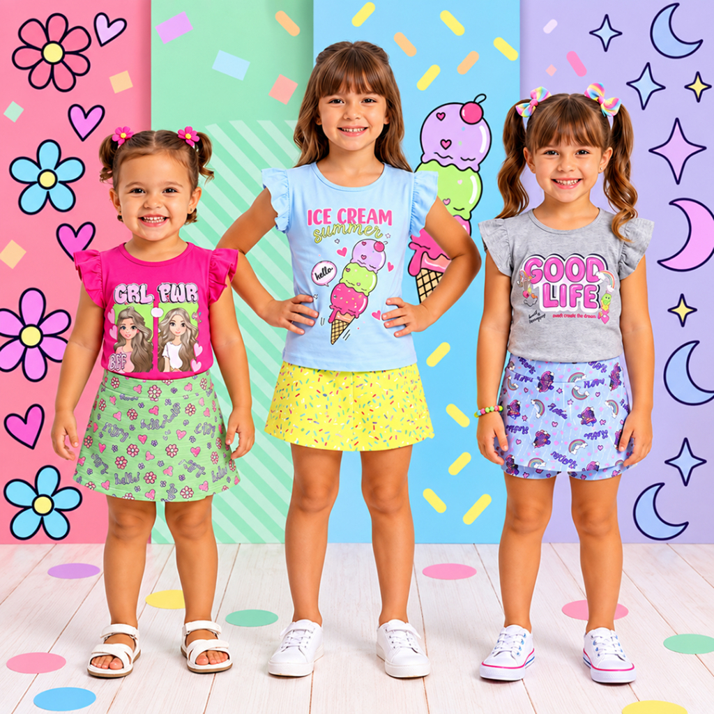 Conjunto Feminino Camiseta + Short Saia Colorido 1 ao 14 Estampado