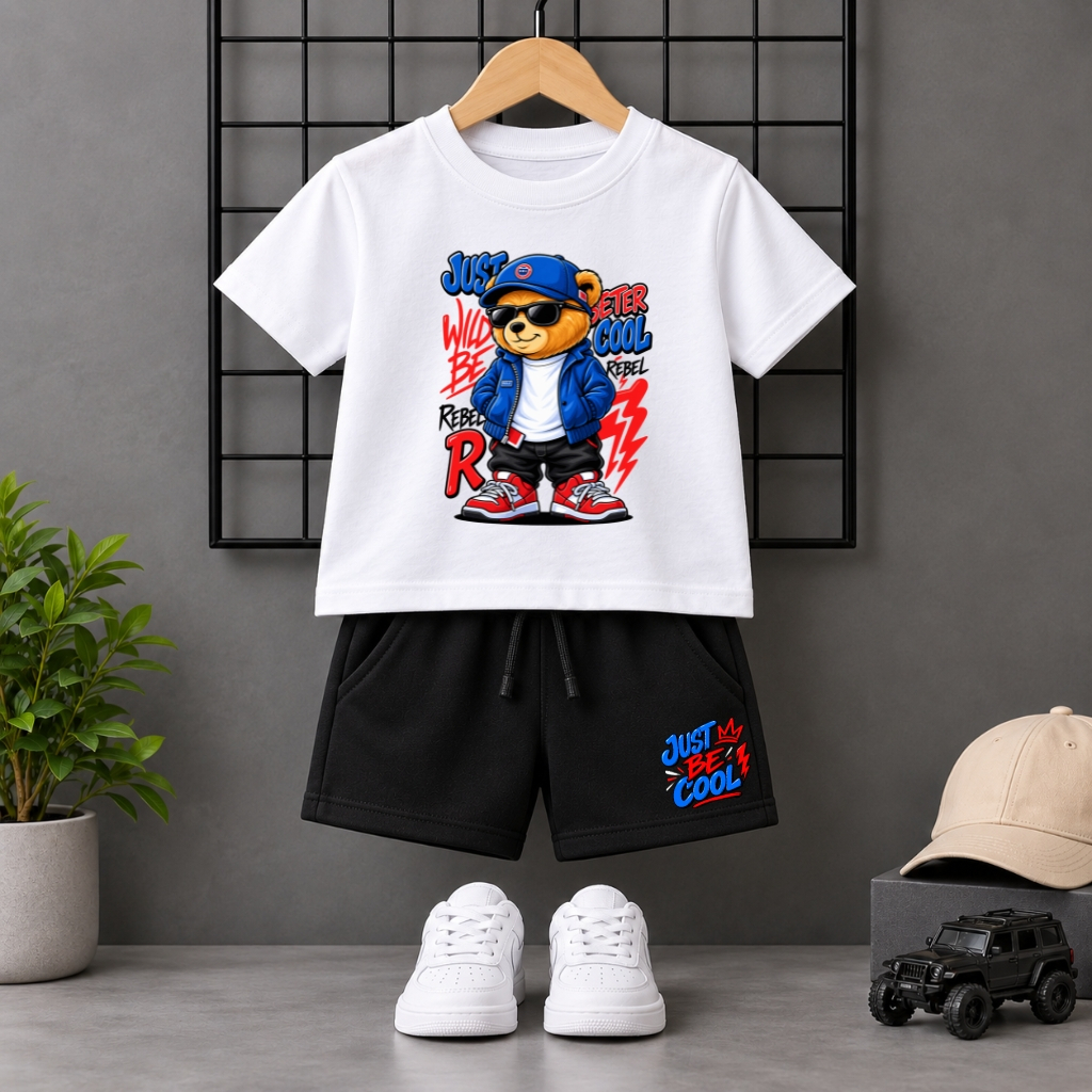 Conjunto Infantil Menino Algodão Estampado Ursinho streetwear Estiloso Camiseta e Short Verão Manga Curta