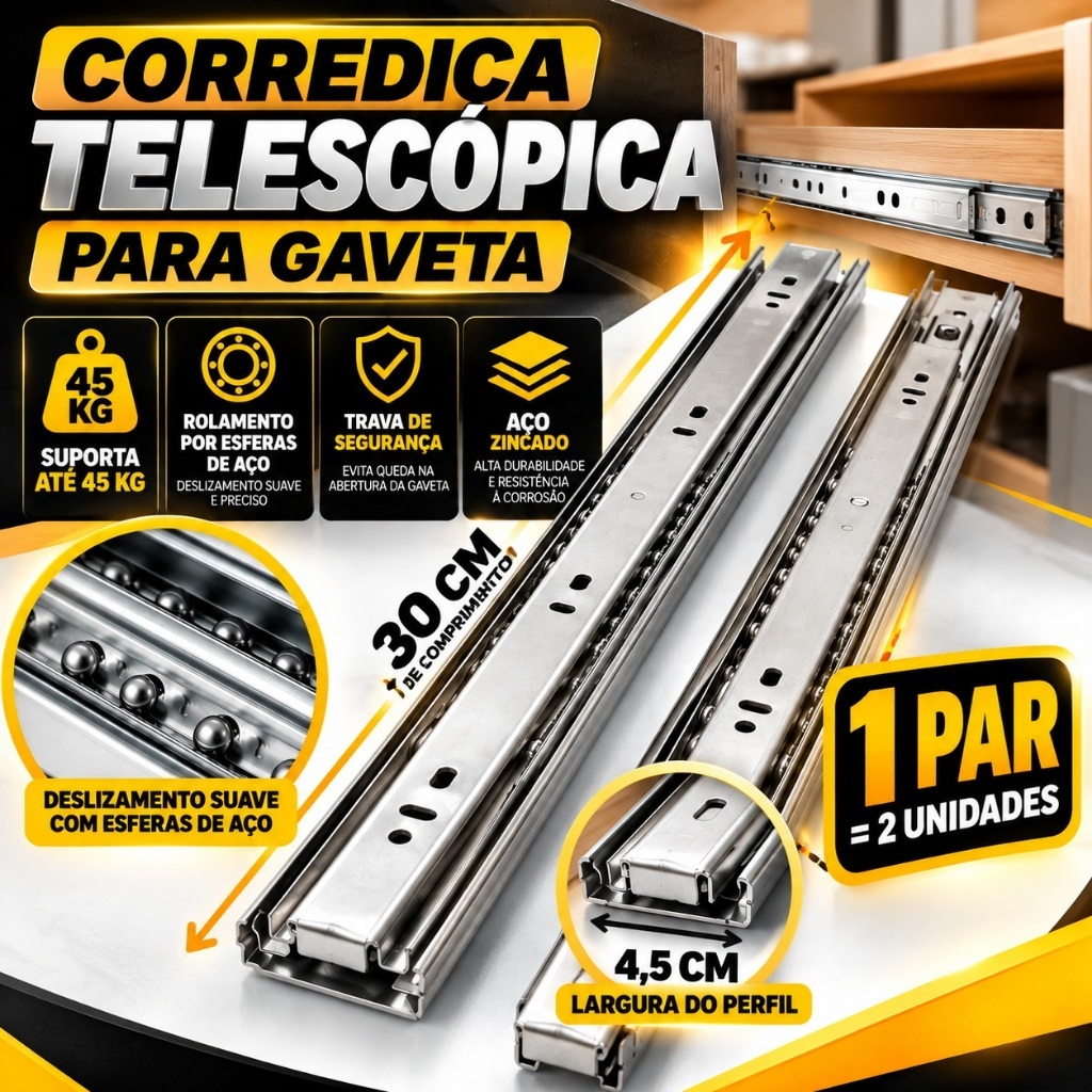Corrediça Telescópica Para Gaveta Reforçada 30cm 1 Par 45 Kg