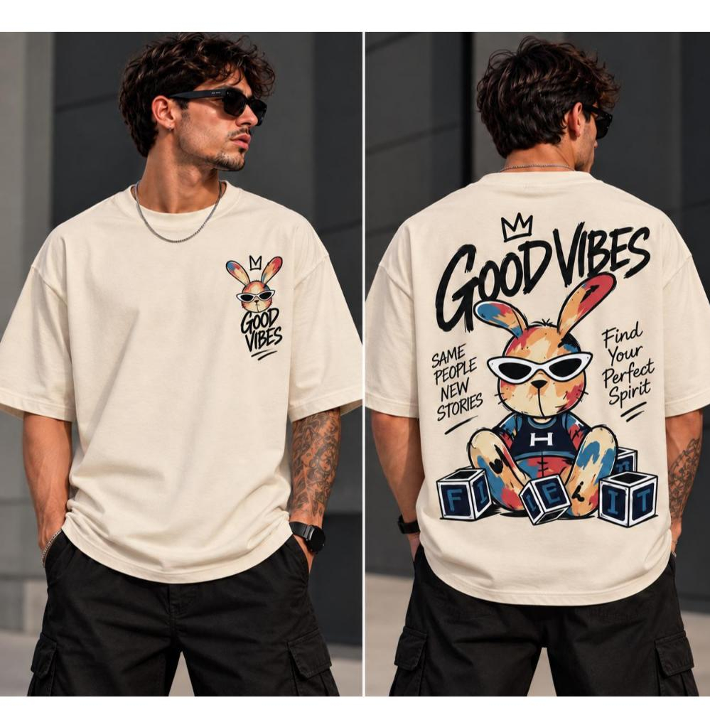 Camiseta Oversized Masculina Estampada Streetwear Good Vibes Coelho Moda Urbana Casual Unissex 100%Algodão Stilo Moda