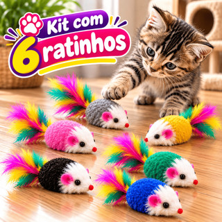 Kit 6 Ratinhos Brinquedo para Gatos com Pena Colorida Interativo Pet