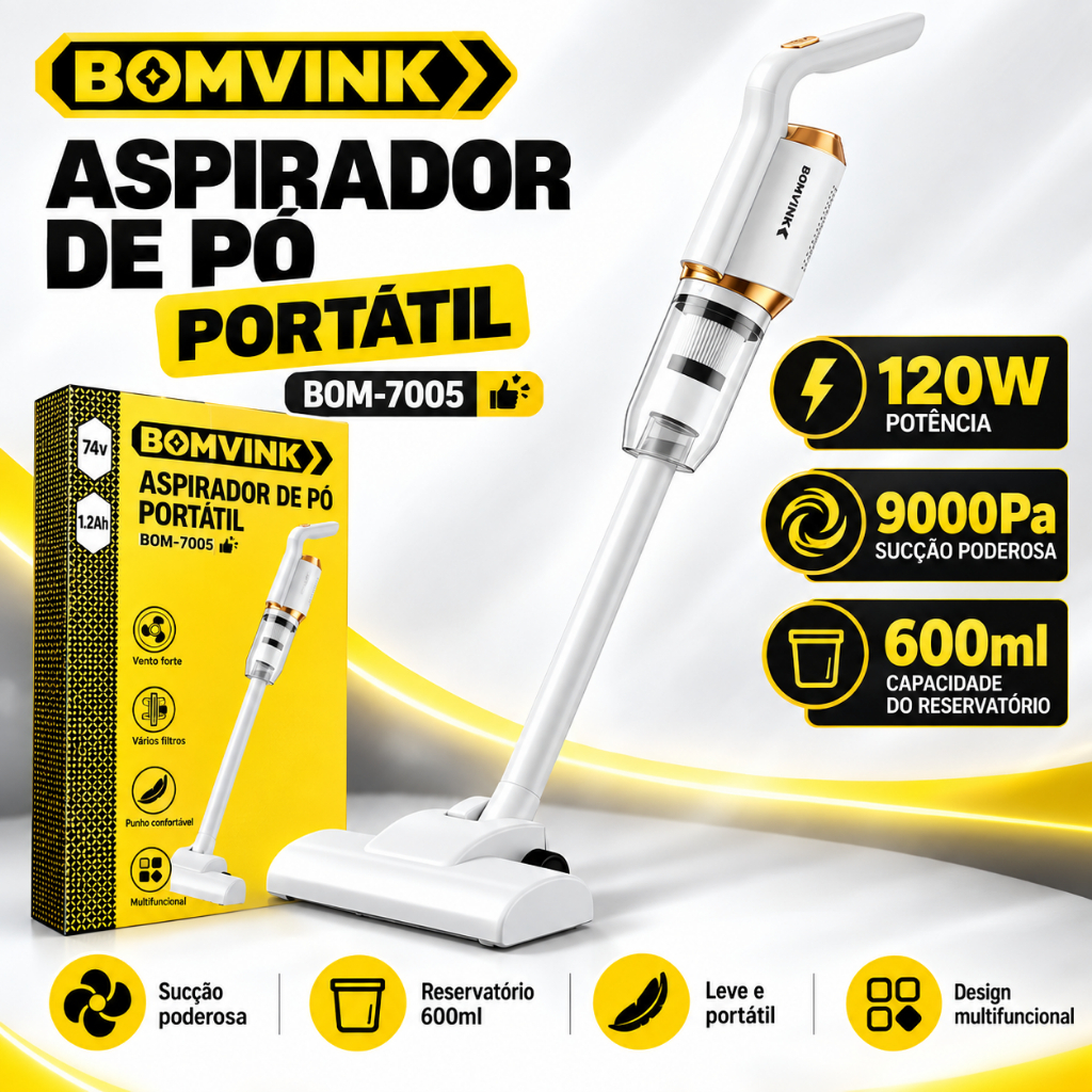 Aspirador de Pó Bomvink BOM-7005 Sem Fio Portátil Branco | Bivolt | Kit Completo | Bateria Longa Duração