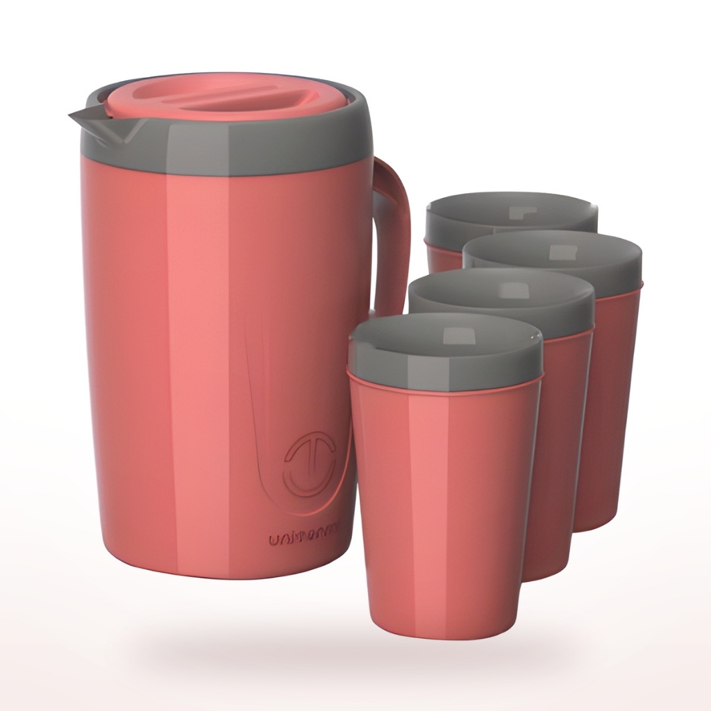 Kit Jarra Caribe Unitermi 2 Litros com 4 Copos Conjunto Suco Água Livre de BPA Plástico Coral Cinza