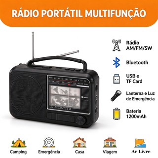 Rádio Portátil Retrô AM/FM/SW Bluetooth 1200mAh com Lanterna e Luz de Emergência USB TF Card