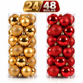 Kit 24 Bolas Natal Grande 6cm Árvore Enfeites Decoração Natalina Premium luxo Lisa Fosco Vermelha Dourada Brilhante