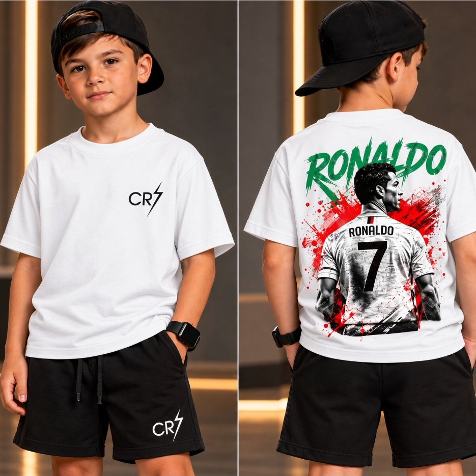 Conjunto Infantil Masculino Camiseta e Short bermuda camiseta Futebol Ronaldo CR7 criança