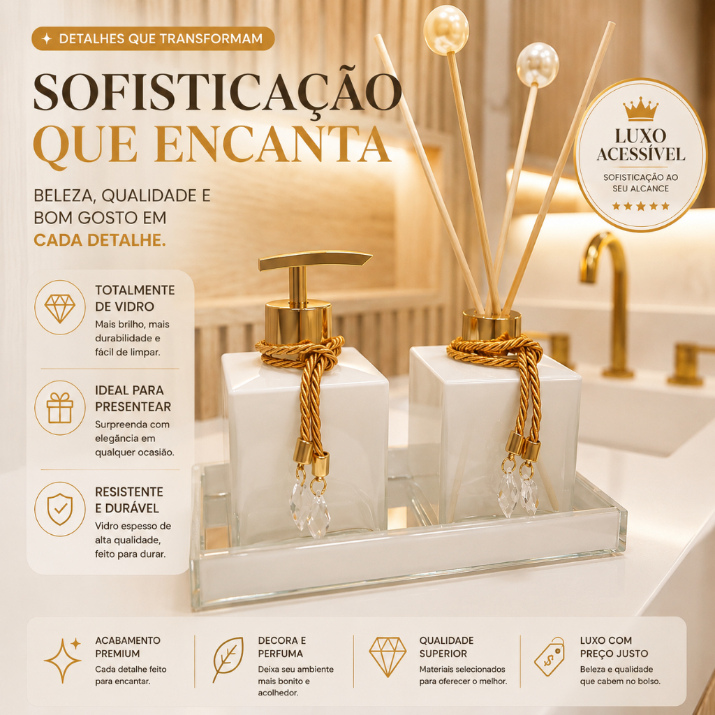 Kit Lavabo Completo Luxo Vidro Âmbar Coala Apartamento Porta Sabonete Álcool Gel Bandeja Dourado Saboneteira