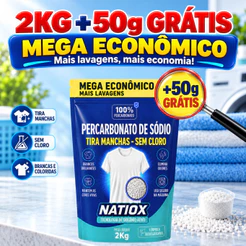 Percarbonato de Sódio Natiox 2KG+50g Grátis Tira Manchas 100% Puro Granulado Roupas Brancas Coloridas Oxigênio Ativo