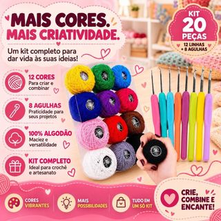 Kit Crochê Completo 12 Linhas Coloridas 100% Algodão + 8 Agulhas Ergonômicas Amigurumi Iniciante -SP