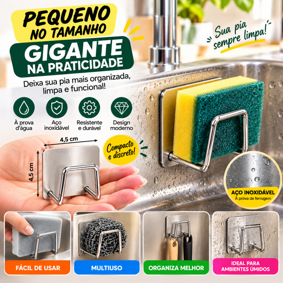 Gancho Adesivo Inox Porta Esponja Bucha Suporte de Pia Parede Cozinha Premium ES