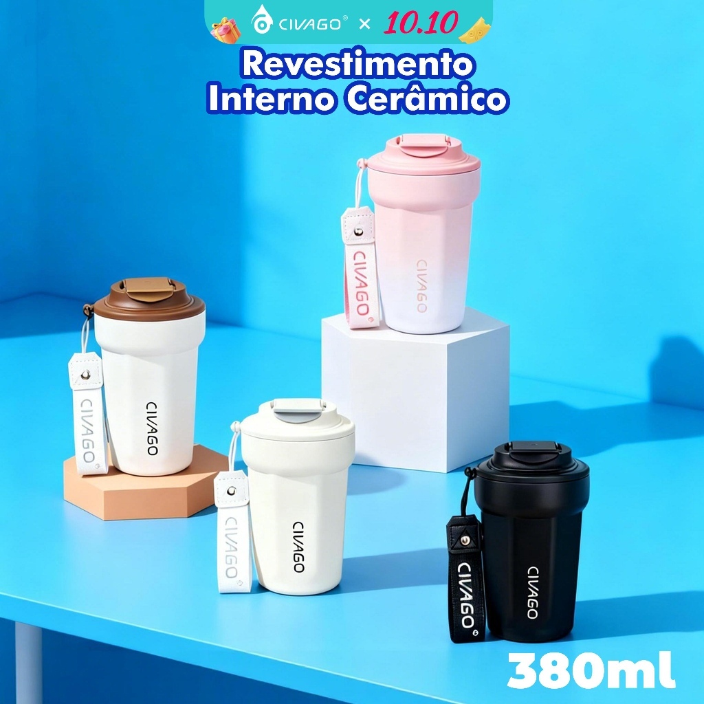 Civago Copo Térmico 380mL Garrafa Térmica Café Chá bebida gelada Revestimento Interno Cerâmico Com Tampa Quente/Frio