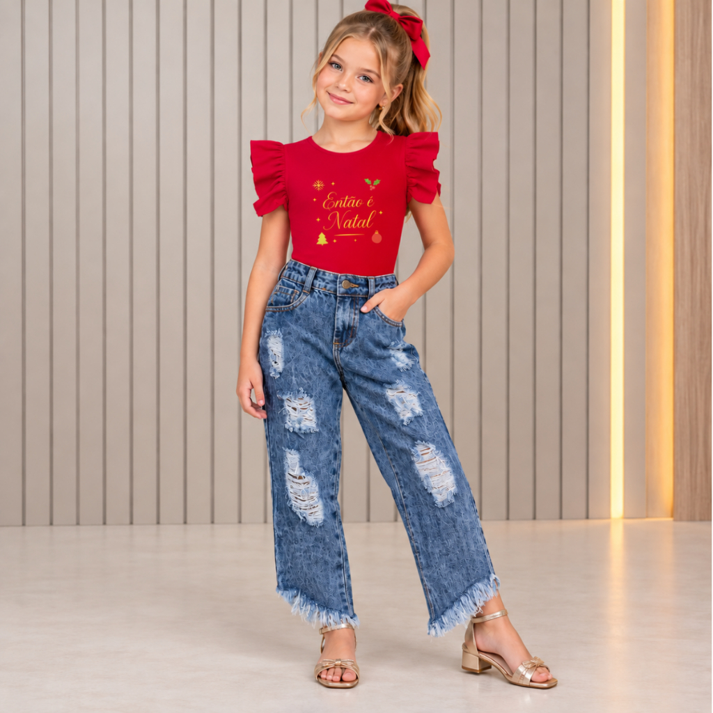 Conjunto Infantil Natalino Body Estampado Calça Jeans Menina Fashion Look Confortável Estiloso