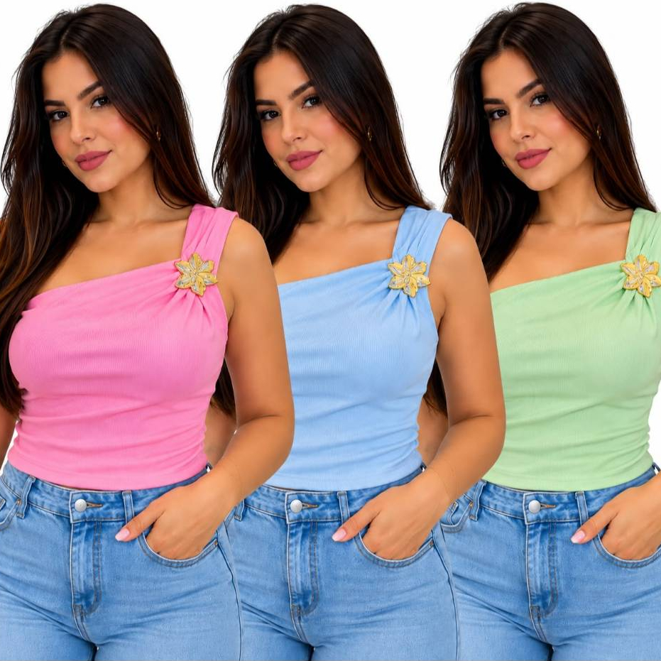 Blusa ombro só Canelado Fivela flor Feminina Nula manga elegante têndencia Verão Casual Social Moda em varias cores