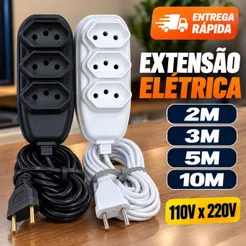 Extensão Elétrica 10A Bivolt 110V 220V Tripolar 3 Pinos 2m 3m 5m 10m Preta ou Branca