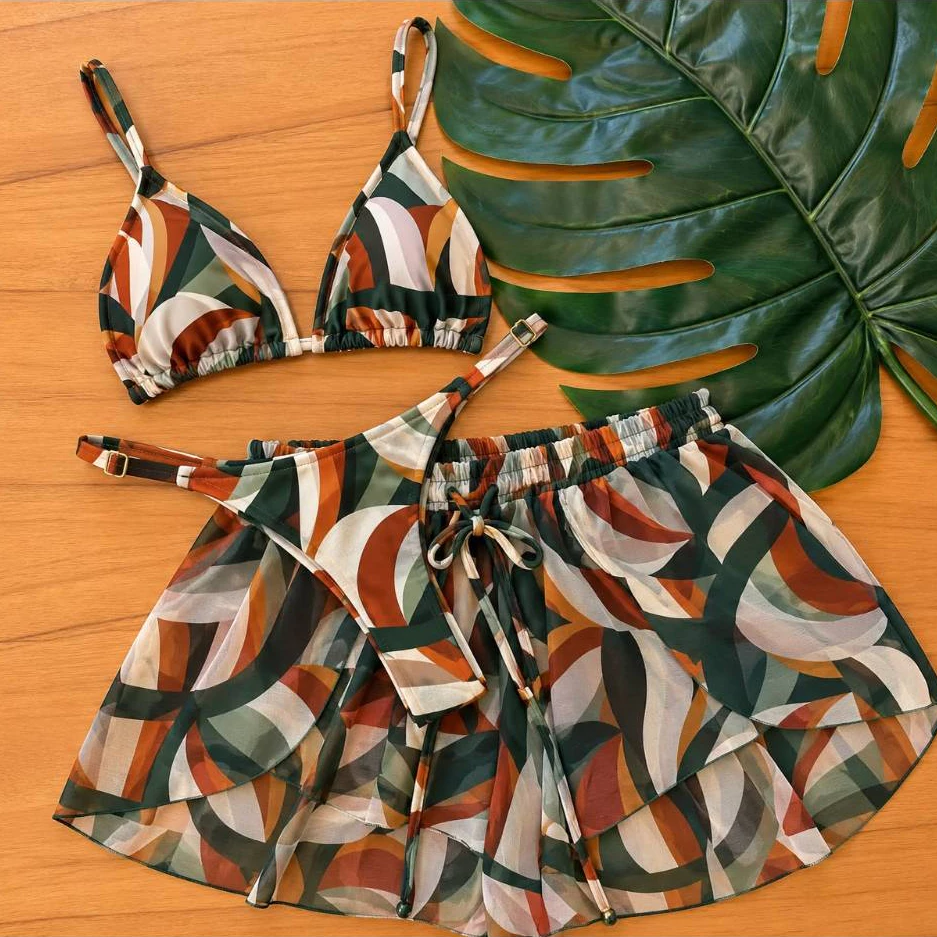 Conjunto de Biquini 3 Peças com Short Asa Delta Trikini Short-Calcinha-Biquini-Roupa Praia Moda Feminina Moda Praia