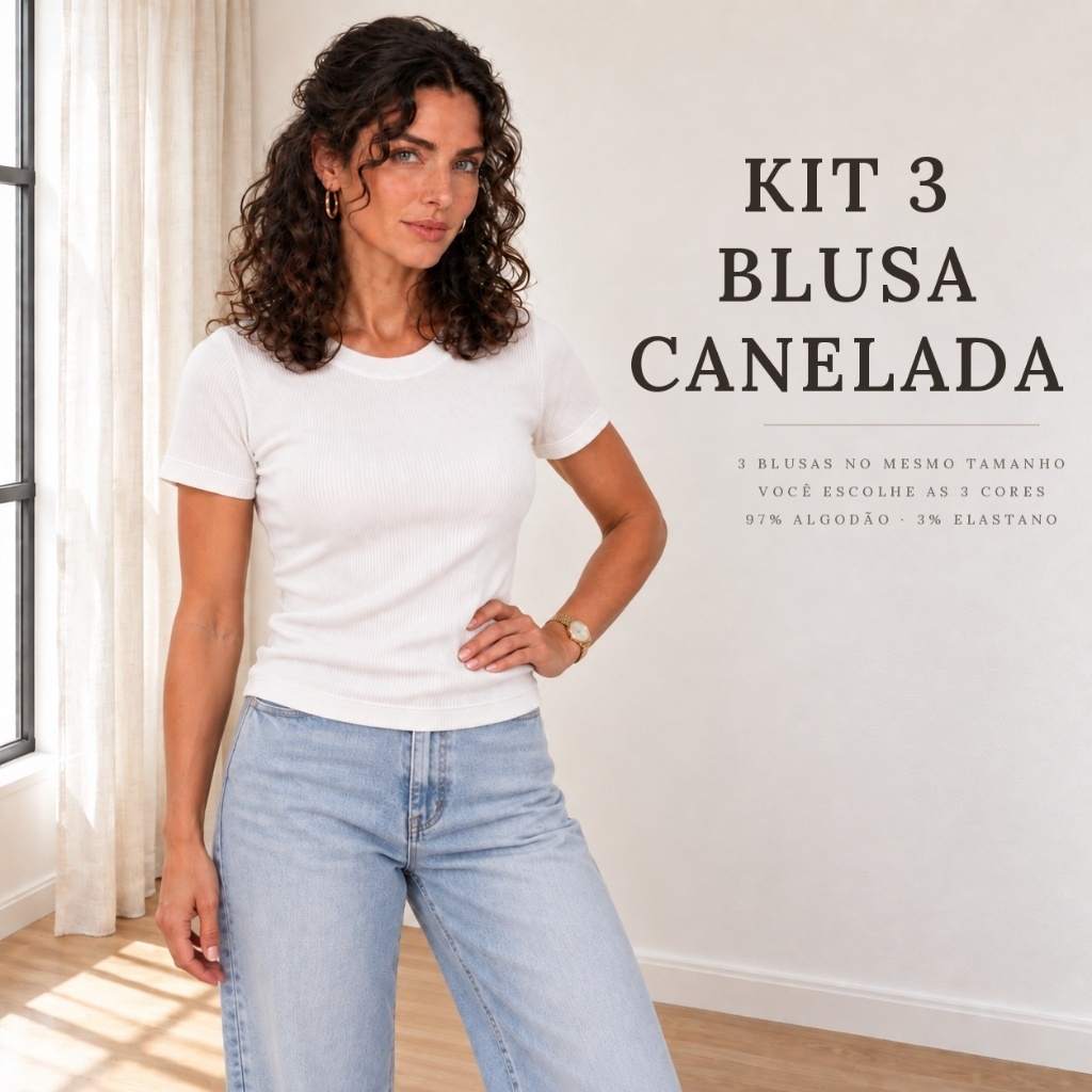 Kit 3 Blusas Caneladas Femininas Manga Curta Gola Redonda Justa Blusinha Canelada Algodão com Elastano
