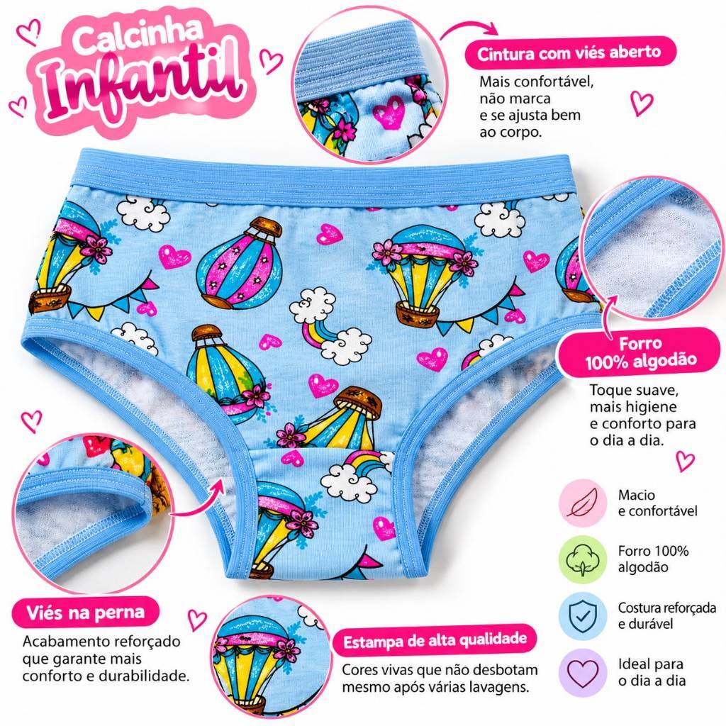 Kit 5 ou 3 Calcinha Infantil Feminina Estampada em Algodão Macia Leve Confortável