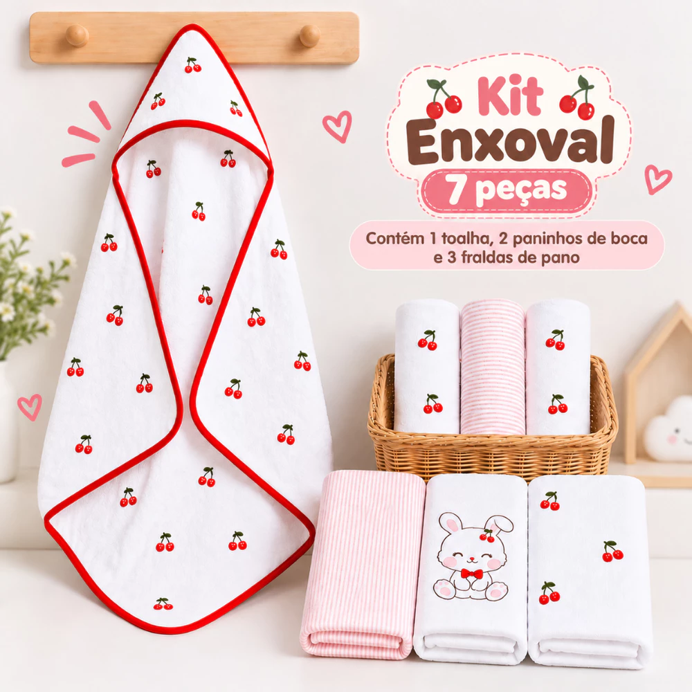 Kit Enxoval de Bebê Toalha Felpuda Paninho de boca e Fralda de Pano Tema Cerejinha ( 7 PEÇAS )