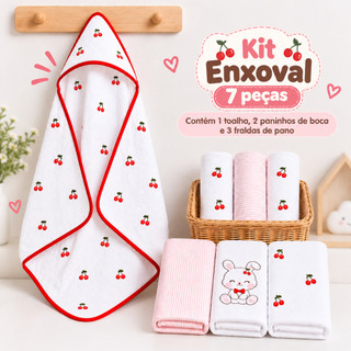 Kit Enxoval de Bebê Toalha Felpuda  Paninho de boca e Fralda de Pano Tema Cerejinha ( 7 PEÇAS )