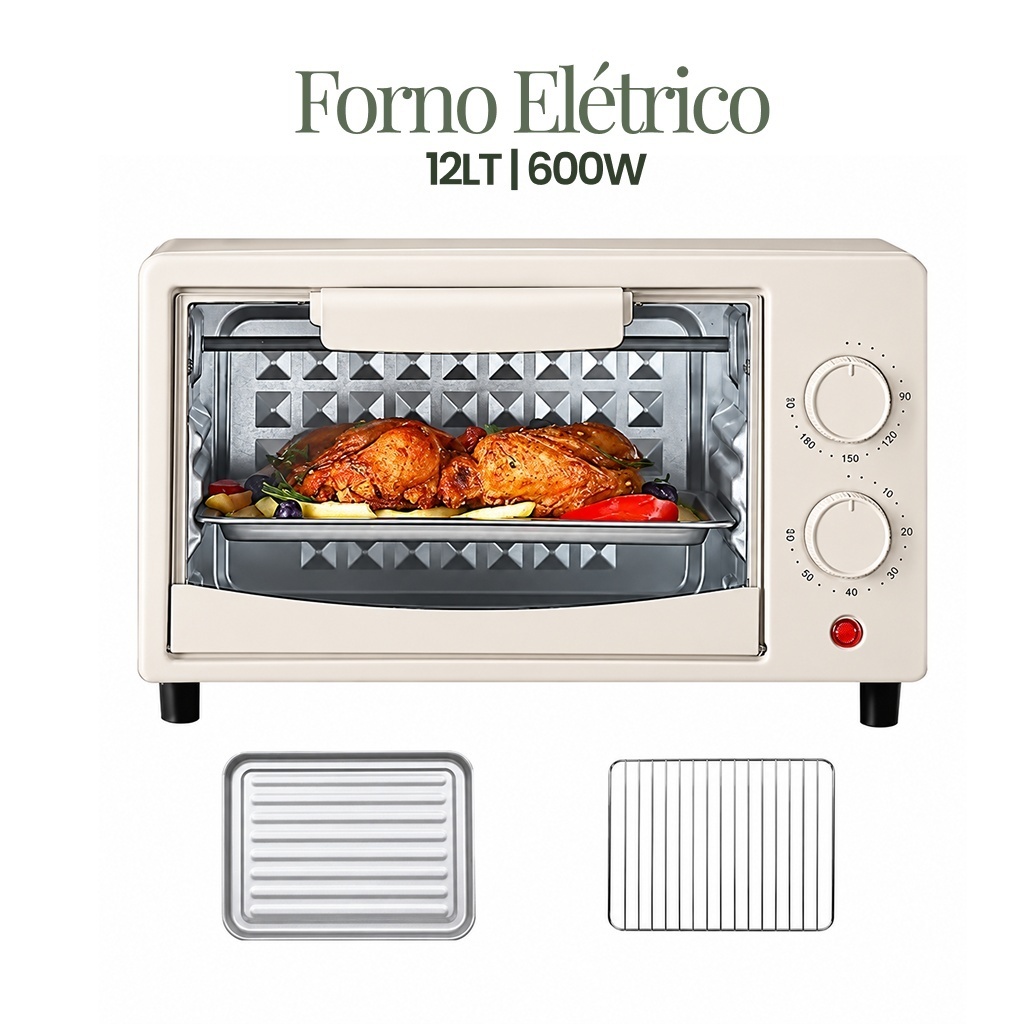 Forno Elétrico de Bancada 12L 600W com Timer 60 Minutos Grelha e Assadeira - ENVIO EM 24HRS