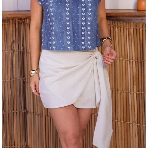 Short saia feminino transpassado de amarrar no tecido linho Tamanhos PMG GG