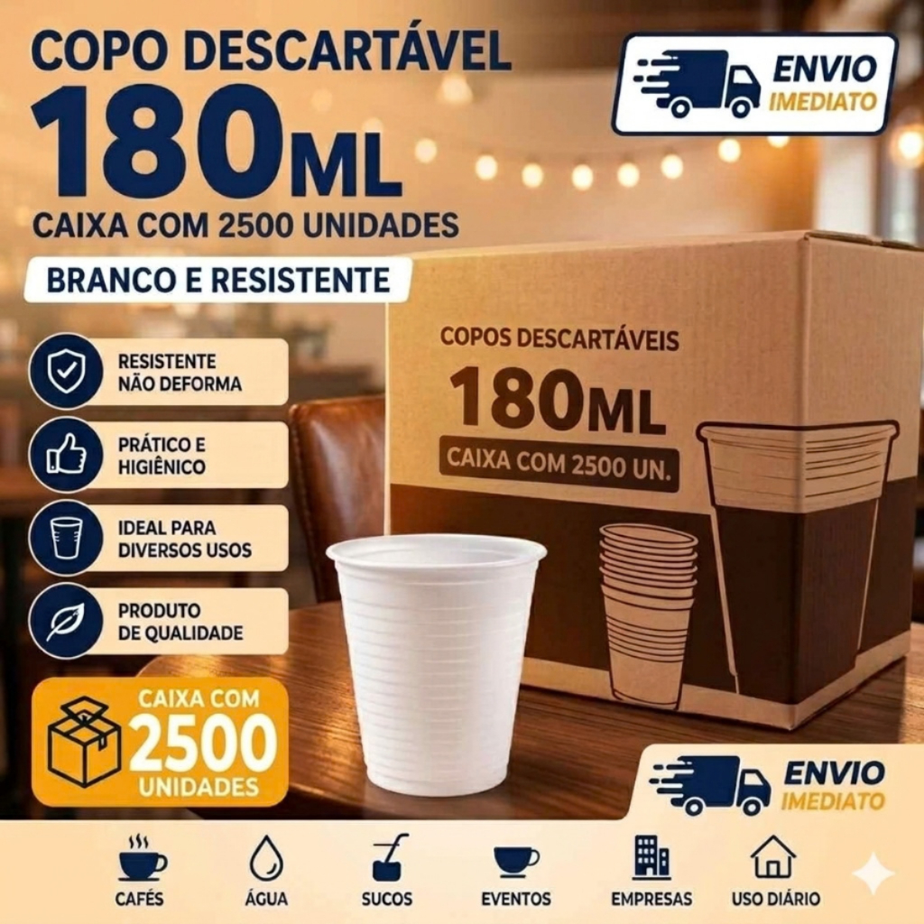 COPO DESCARTÁVEL 180ML PLÁSTICO BRANCO REFORÇADO IDEAL PARA CAFÉ, AGUA, SUCO, FESTAS E ESCRITÓRIO,