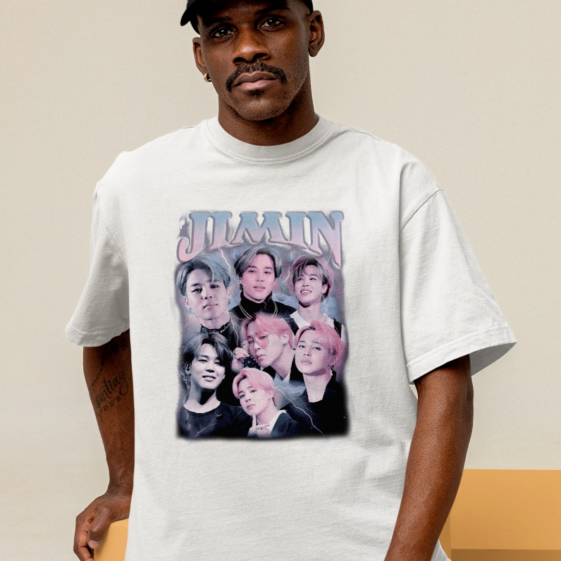 Camiseta Oversized Jimin Estampada Streetwear BTS Moda Urbana Casual Confortável Estilo Despojado Jovem Tendência