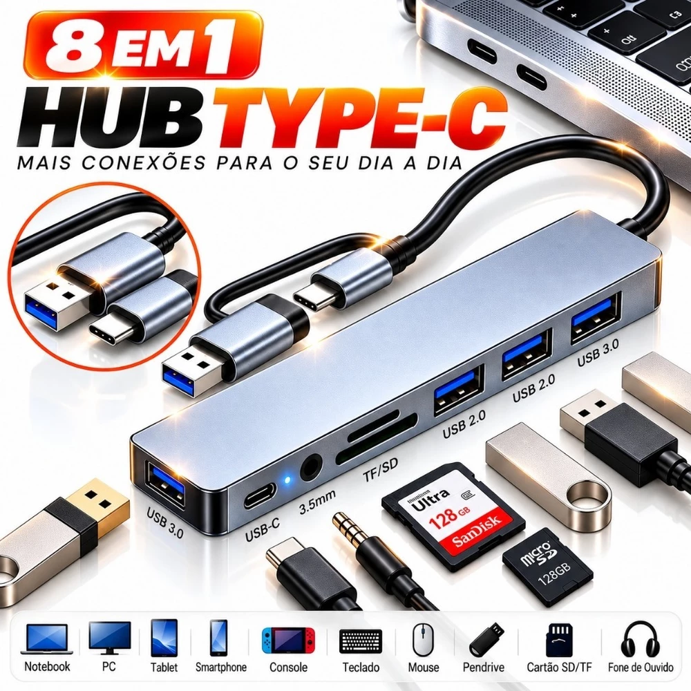 Hub USB-C Type-C 8 em 1 USB 3.0 Leitor SD TF Áudio 3.5mm Adaptador para MacBook Notebook PC Laptop Mouse Teclado