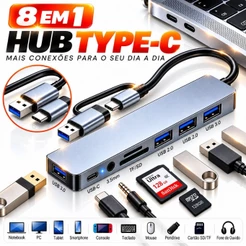 Hub USB-C Type-C 8 em 1 USB 3.0 Leitor SD TF Áudio 3.5mm Adaptador para MacBook Notebook PC Laptop Mouse Teclado